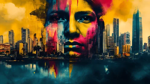Color-splashed city portrait blending human spirit and skyline.