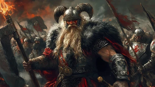 Fierce Viking warlord strides forward through roaring battle
