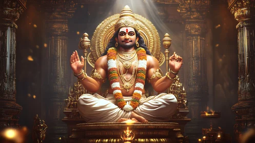 Divine seated deity in ornate golden temple interior scene.