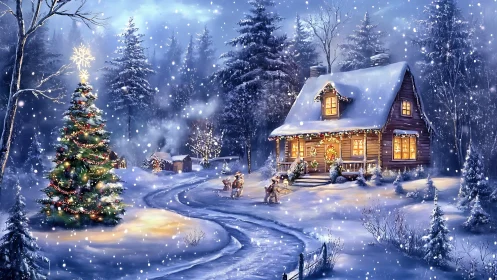 Snow-lit woodland cabin with glowing Christmas tree scene.