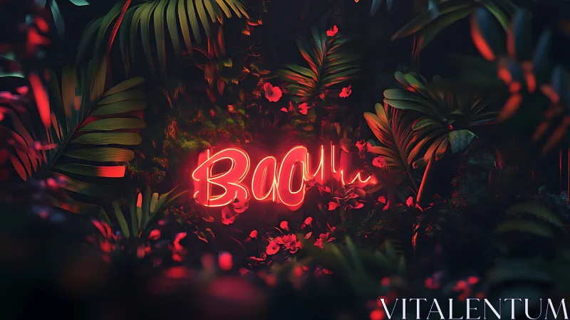 Neon script signage illuminates dense tropical foliage with cinematic bokeh