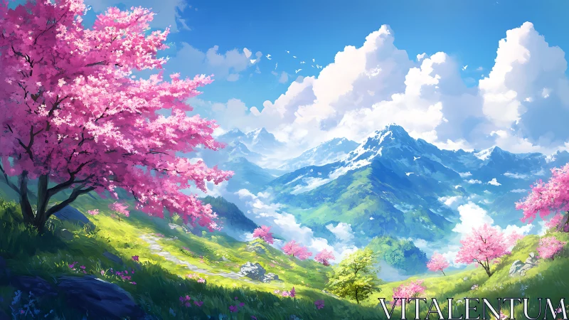 Springtime daydreams over blooming pink mountain hills.