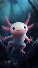 Curious pink axolotl drifts through a glowing blue abyss