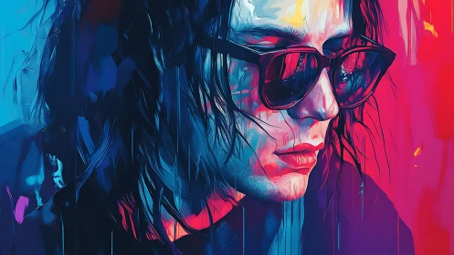 Moody neon portrait of young person in dark sunglasses.