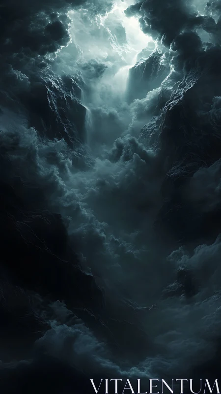 Volumetric storm chasm under celestial fracture lighting