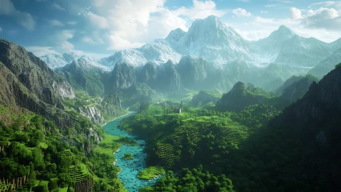 Voxel mountain valley with snow peaks and emerald river vista.