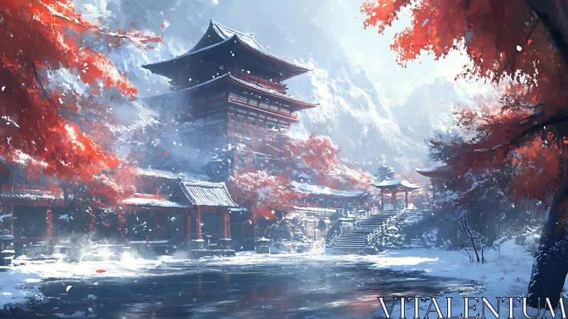 Snowy mountain temple glows amid crimson autumn maples.