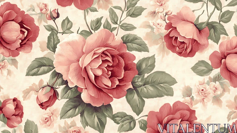 Floral Pattern with Pink and Rose Peonies on Cream Ground