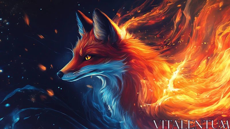 Fire and frost fox spirit glows against the deep night sky.