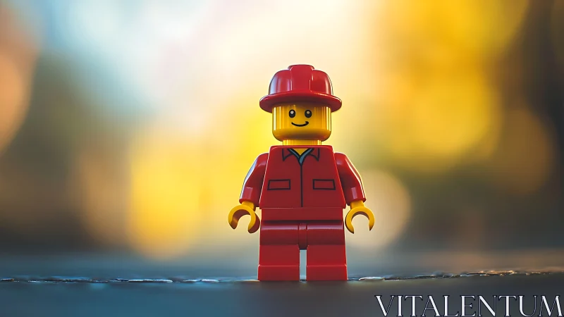 Cheerful red toy figure enjoys a golden sunset glow