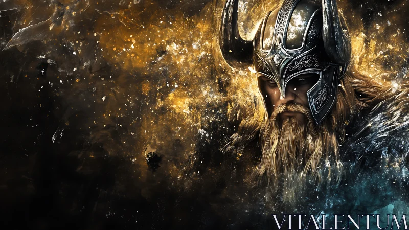 Viking warrior portrait in molten gold and shadow burst.