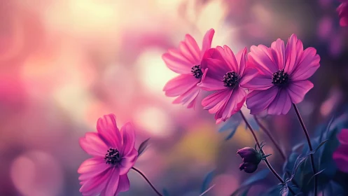 Pink cosmos flowers with soft bokeh background