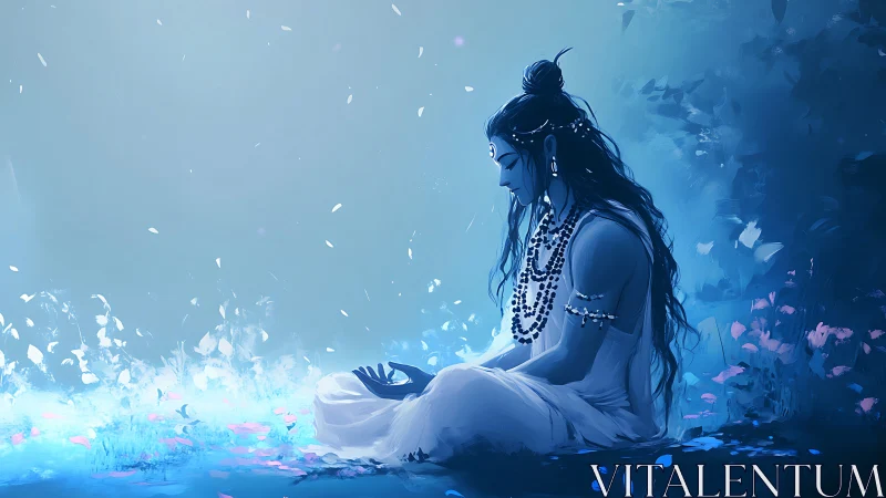 Seated blue-skinned figure in profile observes glowing ground