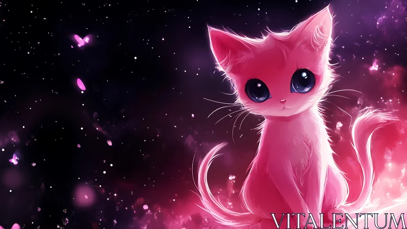 Pink cosmic kitten with luminous eyes in starlit nebula.
