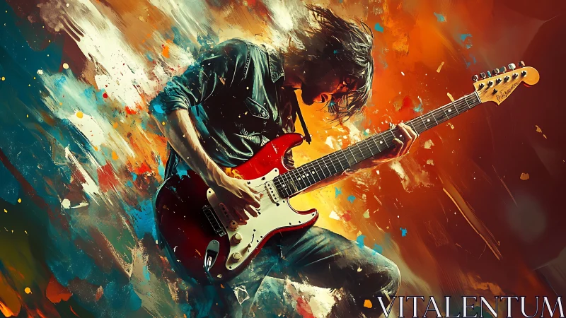 Kinetic electric guitarist amid chromatic fluid dynamics burst.
