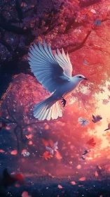 White dove rising through luminous cherry blossom twilight.