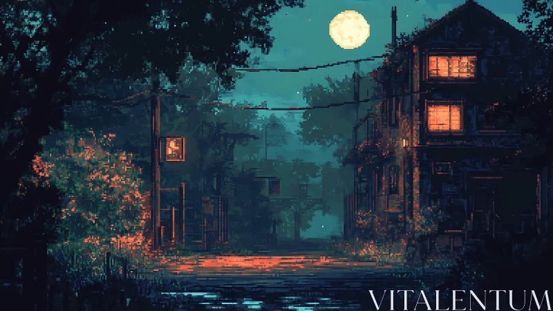 Moonlit pixel street scene renders atmospheric nocturnal stillness