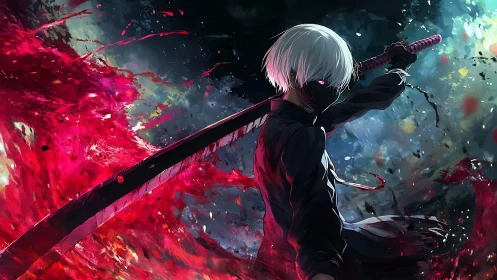 Masked swordsman in chromatic blood vortex, dynamic composition.