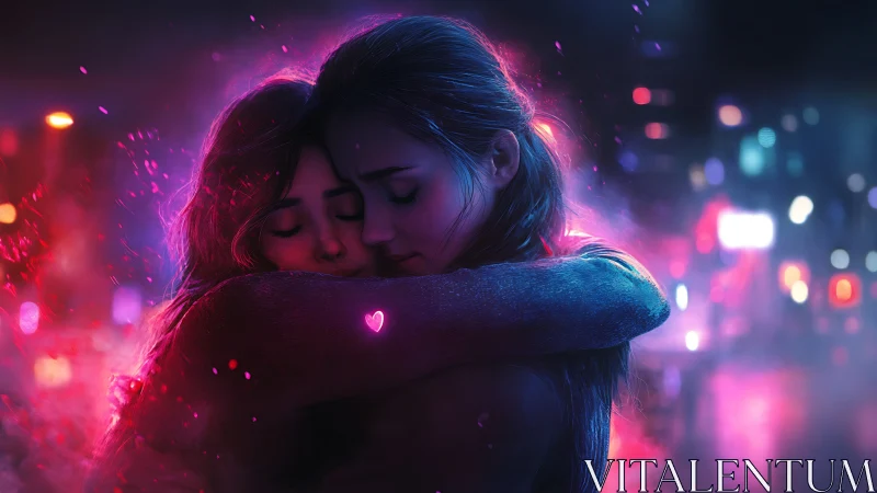 Neon love embrace in cyberpunk cityscape.
