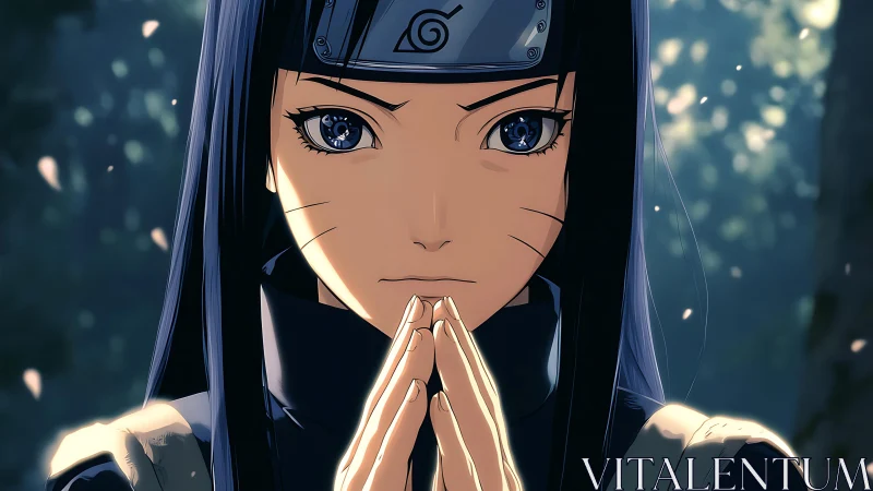 Anime shinobi character forms hand seal in forest light