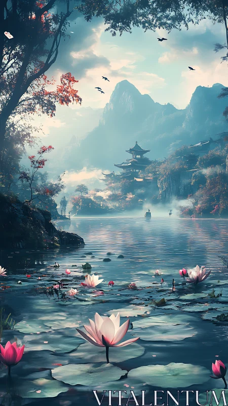 Lakeside lotus field with distant pagoda and mountains.