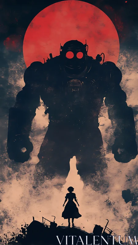 Silhouetted robot and human figure before large red sun.