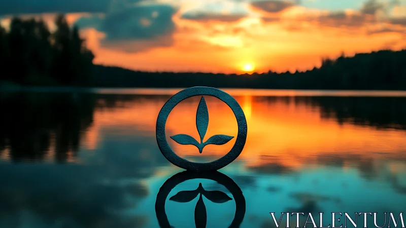 Nature-inspired logo silhouette at lake during vibrant sunset.
