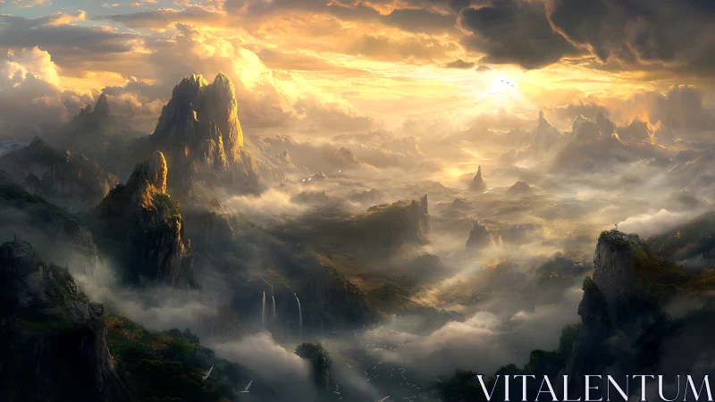 Golden sunrise over misty fantasy mountain valley landscape.
