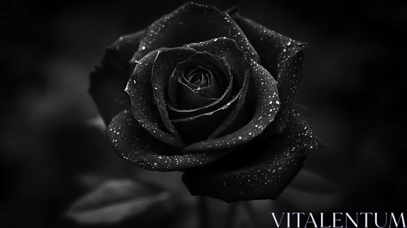 Single black rose holds glistening water droplets in macro view