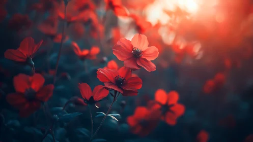 Red flowers photographed against blurred background with warm light