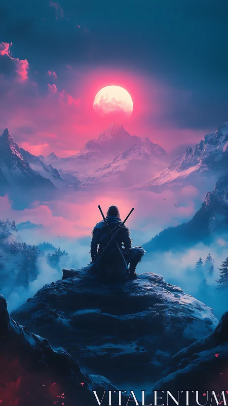 Lone wanderer resting beneath a neon moonlit mountain sky.