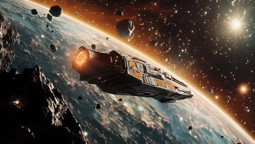 Starlit cruiser gliding through a blazing asteroid sunrise.
