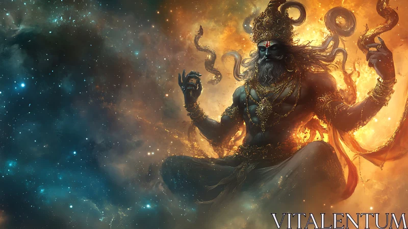 Mythic deity figure levitates in fiery cosmic nebula backdrop