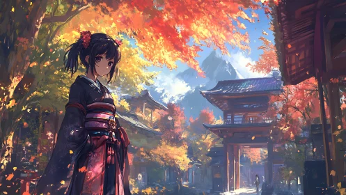 Autumn shrine street with kimono girl under vivid maples.