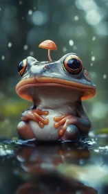 Digital 3D character study of whimsical frog in rain pool.