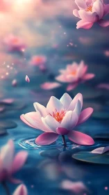 Soft-focus digital lotus bloom rendered with shallow depth precision