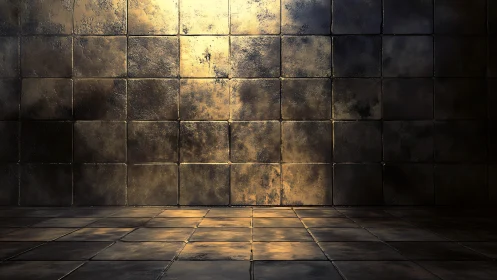 Metallic tiled room surface shows worn reflective panels