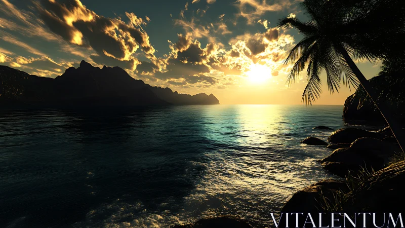 Tropical coastline sunset with mountains and palm trees.