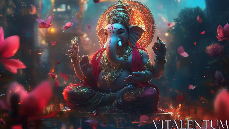 Radiant Ganesha in lotus-lit shrine with glowing halo aura.