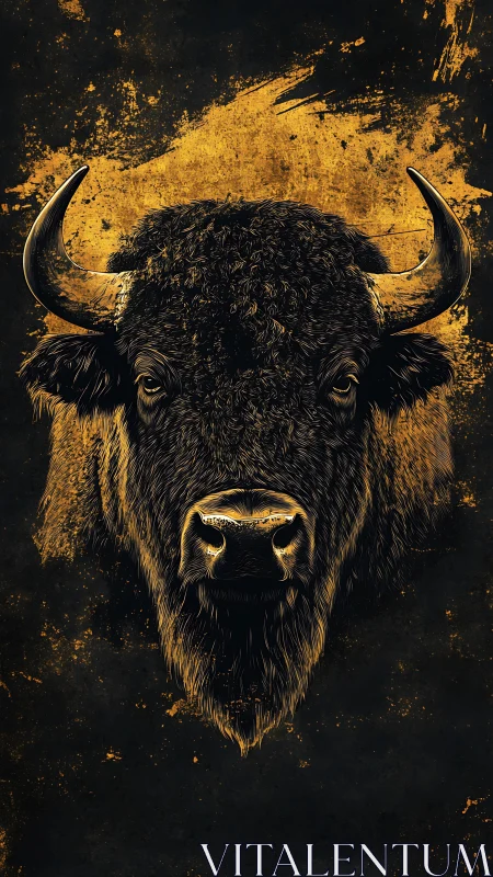 Buffalo portrait emerges from bold gold splatter backdrop.