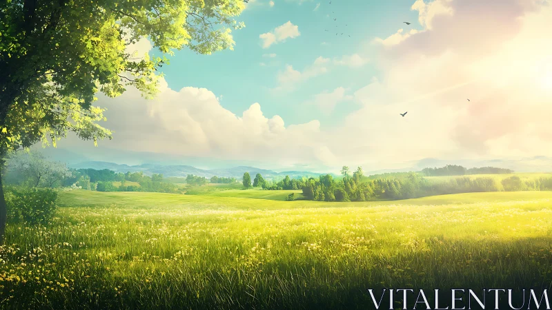 Sunlit meadow landscape under bright summer sky.