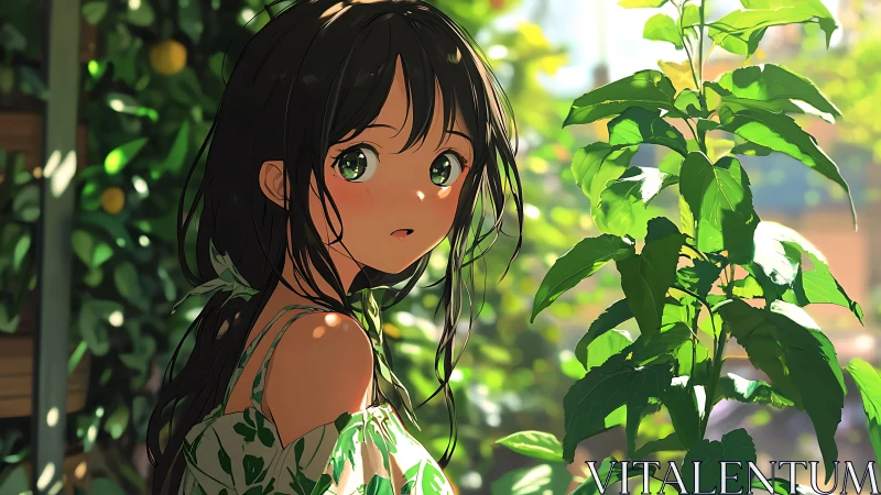 Sunlit garden girl in softly glowing anime portrait.