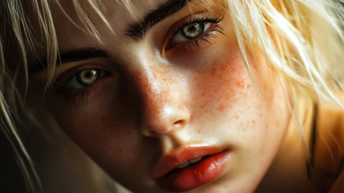 Freckled blonde portrait under soft golden light gazes ahead.