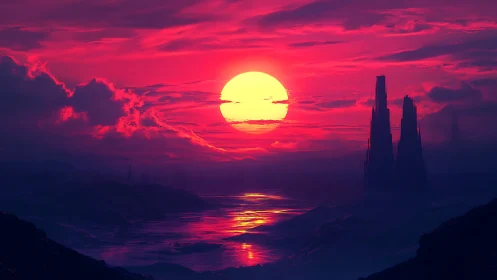 Neon crimson alien seascape frames colossal setting sun