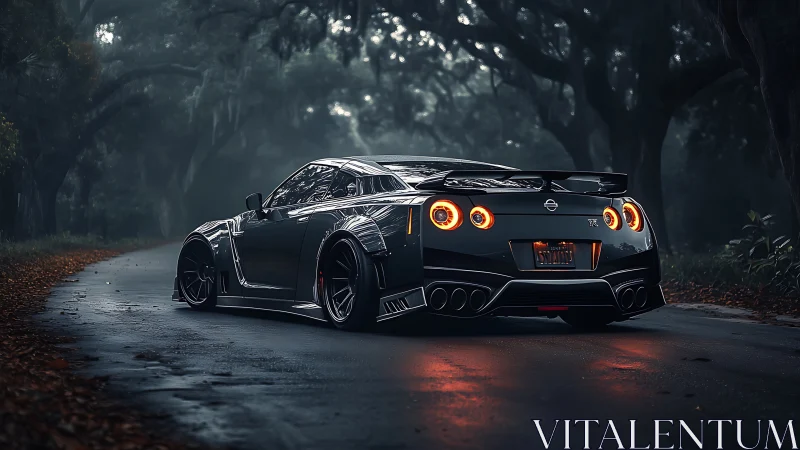 Midnight Nissan GT-R widebody on misty forest backroad.
