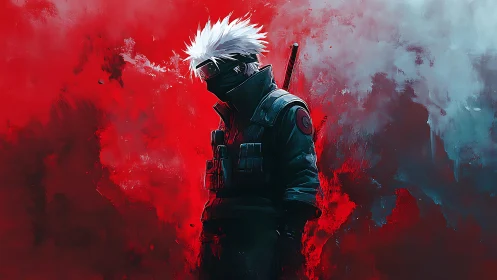 Stormborn masked warrior in crimson misted battlefield stance.