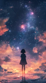 Silhouetted girl observes nebular sky over reflective water