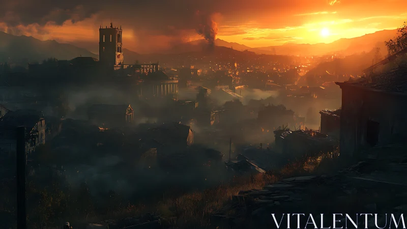 Sunset over a smoky post-apocalyptic valley town.
