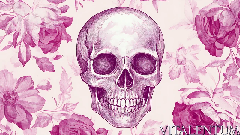 Human skull illustration is centered over stylized floral background