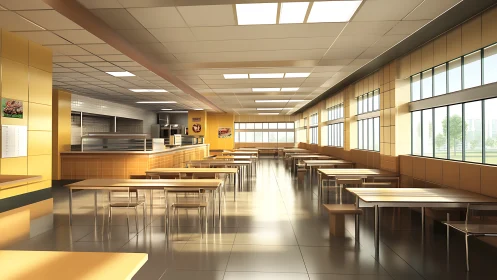 Modern institutional cafeteria interior with empty seating.